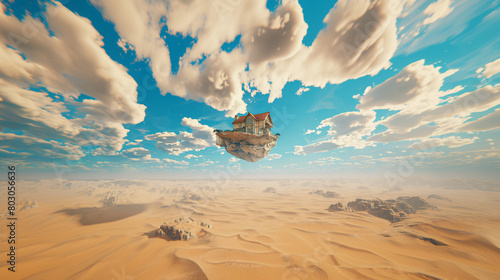 Floating island with house over desert dunes under cloudy sky.