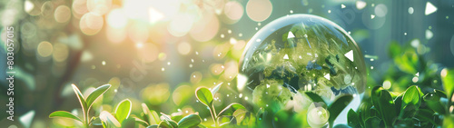 a glass ball on a plant background, concept on the importance of environmental protection for our future, created with generative AI technology