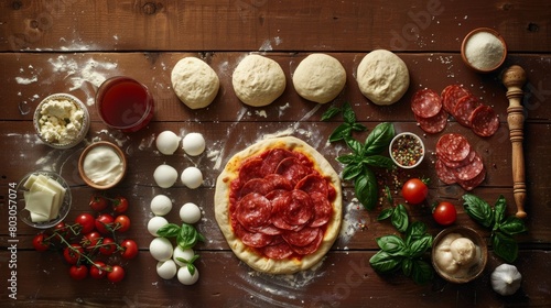 Various fresh ingredients for making pizza  including dough  cheese  tomatoes  eggs  pepperoni  and herbs  arranged neatly on a rustic wooden surface.