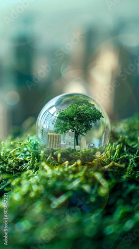 a glass ball on a plant background, concept on the importance of environmental protection for our future, created with generative AI technology © christian