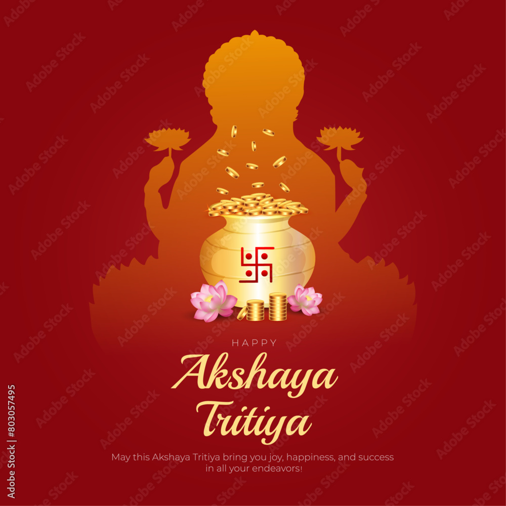 Happy Akshaya Tritiya Post and Greeting Card. Indian Festival Akshaya Tritiya Banner with Text and Gold Coins Vector Illustration