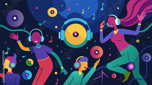 As the night progresses the silent disco becomes a blur of bodies and colorful headphones all moving in sync to the beats of vinyl records. Vector illustration
