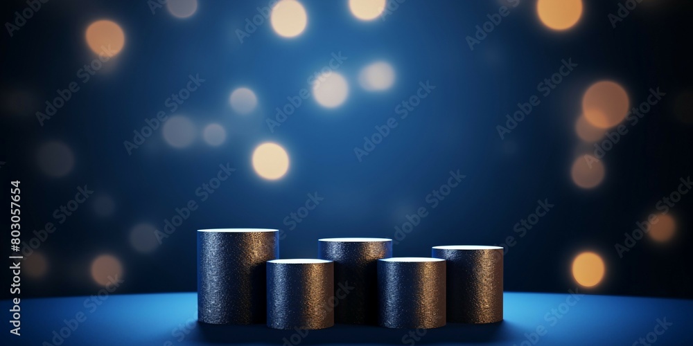 紺色背景に金色のボケライトと五つの円柱展示台がある抽象的な横長バナー