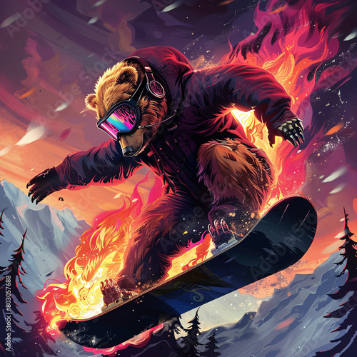 A bear in a jacket snowboards amidst fiery effects and a mountainous backdrop photo