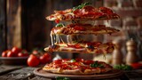 This image shows a stack of freshly baked pepperoni pizzas with melting cheese and basil leaves, creating a delectable multi-level display on a wooden background.