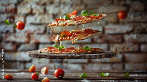 A freshly baked pizza with melting cheese and basil toppings being lifted, with cheese stretching, on a wooden board against a brick wall background.