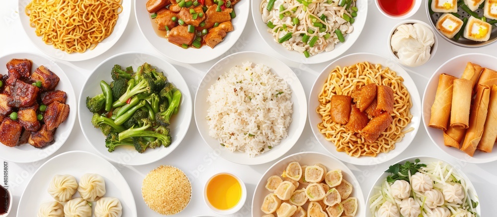 Chinese cuisine displayed against a white backdrop, featuring noodles, fried rice, dumplings, chicken stir-fry, dim sum, spring rolls, bean sprouts, and bok choy. Chinese cuisine displayed against a white backdrop, featuring noodles, fried rice, dumplings, chicken stir-fry, dim sum, spring rolls, bean sprouts, and bok choy.
