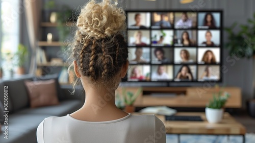  A woman is sitting in front of a TV screen. She is looking at a video call with multiple people on the screen.
