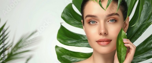 Woman with clean, healthy skin face and hand holding a big green leaf isolated on a white background, for cosmetic advertising banner template