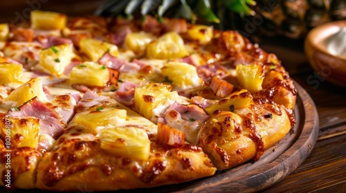 A Hawaiian pizza with pineapple chunks and ham  melted cheese on top  resting on a wooden board  with a blurred background suggesting a cozy ambiance.