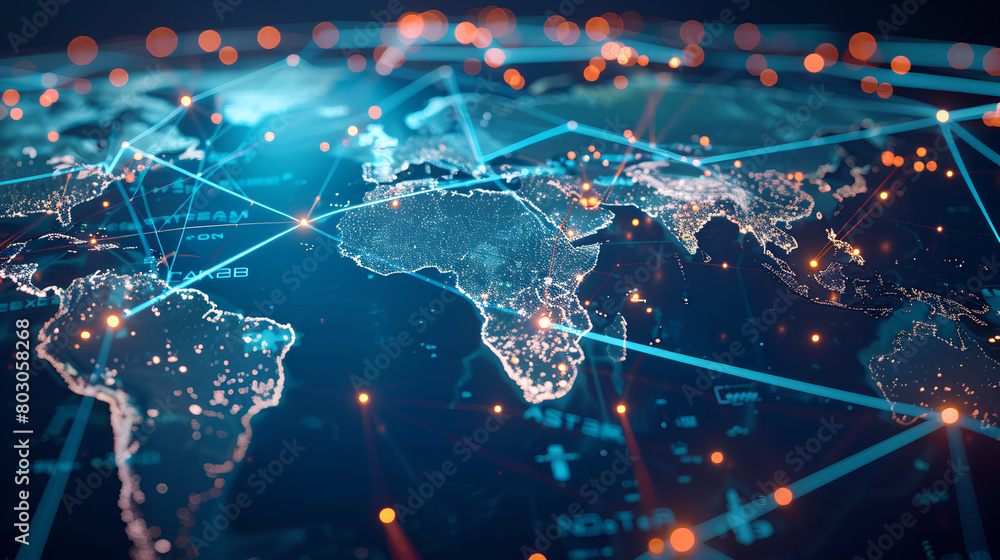 Global business network with world map and connecting flight paths, blurr effect Global business network with world map and connecting flight paths, blurr effect