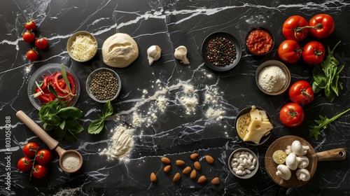 An assortment of fresh ingredients such as tomatoes, basil, garlic, and spices on a dark marble surface, suggesting preparation for an Italian meal.