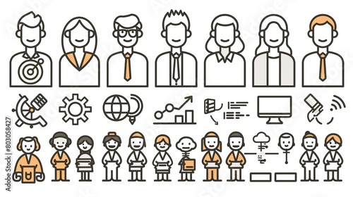 A set of outline people icons. The icons include men and women of different ethnicities, each with a different hairstyle and outfit. photo