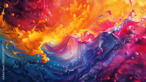 A vibrant and chaotic abstract artwork, with colors splashing and colliding in a stunning display.