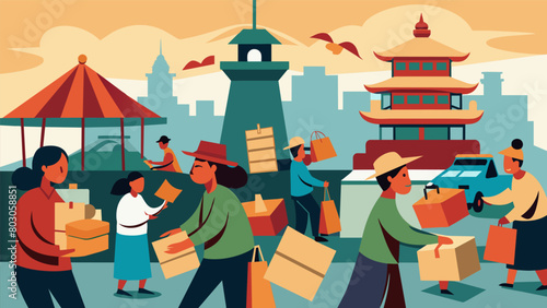 In a busy marketplace vendors quickly pack up their goods and leave as the signal towers blaring sirens signal danger and panic..