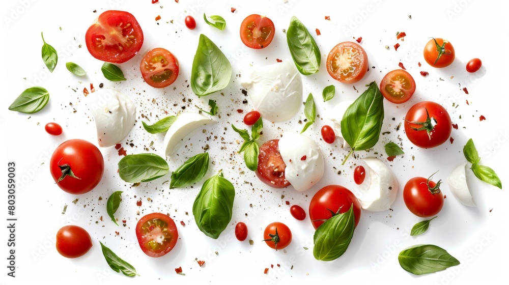 A selection of fresh ingredients including tomatoes, basil leaves, mozzarella cheese with sprinklings of spices, likely prepared for a Caprese salad, on a white surface. A selection of fresh ingredients including tomatoes, basil leaves, mozzarella cheese with sprinklings of spices, likely prepared for a Caprese salad, on a white surface.