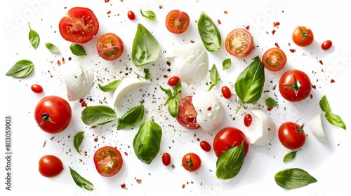 A selection of fresh ingredients including tomatoes, basil leaves, mozzarella cheese with sprinklings of spices, likely prepared for a Caprese salad, on a white surface.