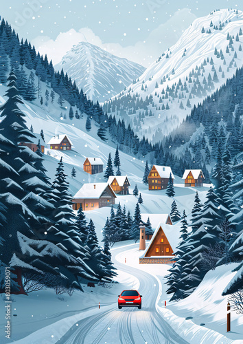 serene snowy landscape with cozy cabins, a red car on a winding road, surrounded by towering mountains and dense forests. photo