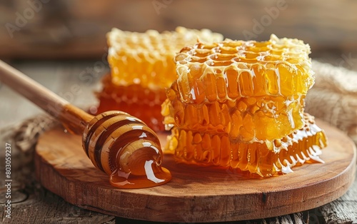 A wooden table with a honeycomb and a honeycomb on top of it