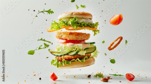 A deconstructed burger in mid-air with layers of bun, lettuce, tomato, cheese, patties, and condiments floating separately against a light background.