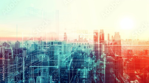 An abstract digital composite image of a city skyline bathed in warm and cool hues, symbolizing urban development and technology blending seamlessly. photo