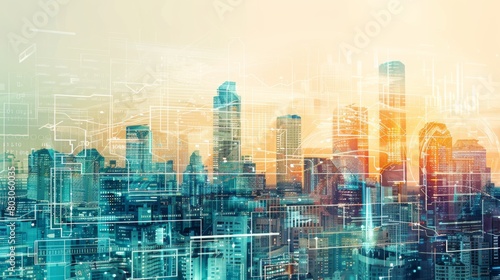 The image depicts a cityscape overlaid with digital graphics  symbolizing a modern city infused with technology  data networks  and connectivity.