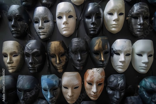 A series of masks, each representing the different facades people with depression might wear