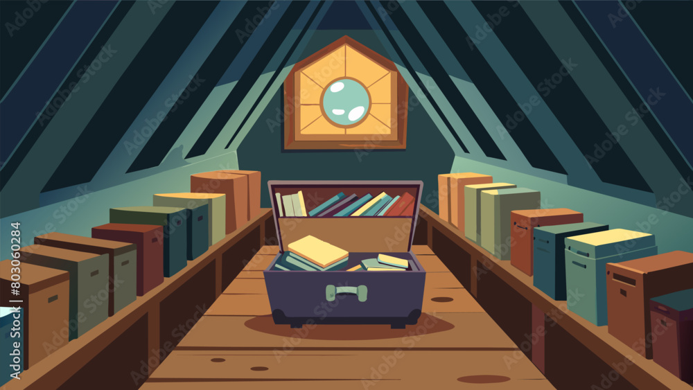 Fototapeta premium The attic of an old antique shop reveals a dusty trunk filled to the brim with forgotten record sleeves each one a treasure waiting to be discovered. Vector illustration