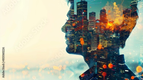 Composite image merging a man's silhouette with a cityscape, symbolizing the fusion of human thought and urban development with a digital, futuristic overlay. #803060226