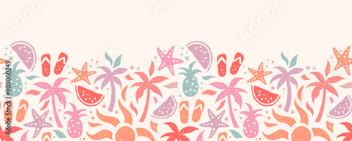 Fun hand drawn summer seamless pattern, cute doodles like palm trees and pineapples, great for textiles, banners, wallpapers, wrapping - vector design
