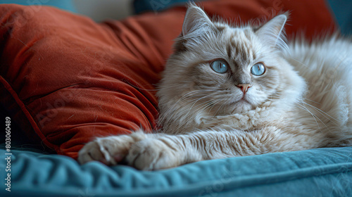 fluffy cat with striking blue eyes lounging on a blue couch with red pillows. photo