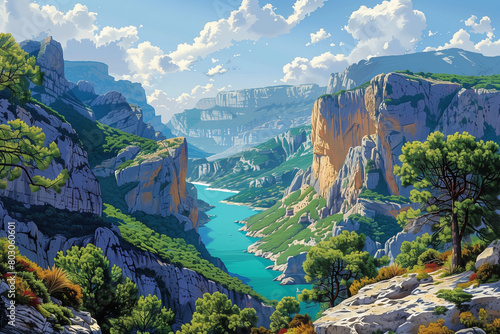 An AI Generated vista of Verdon Gorge showcasing its steep cliffs and turquoise waters amidst a lush landscape.