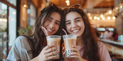 Two cheerful sixteen years old girls with bubble tea in trendy bubble tea shop.