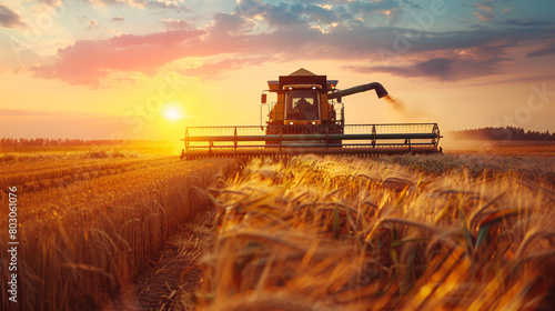 sunset over a wheat field with a combine harvester at work. photo