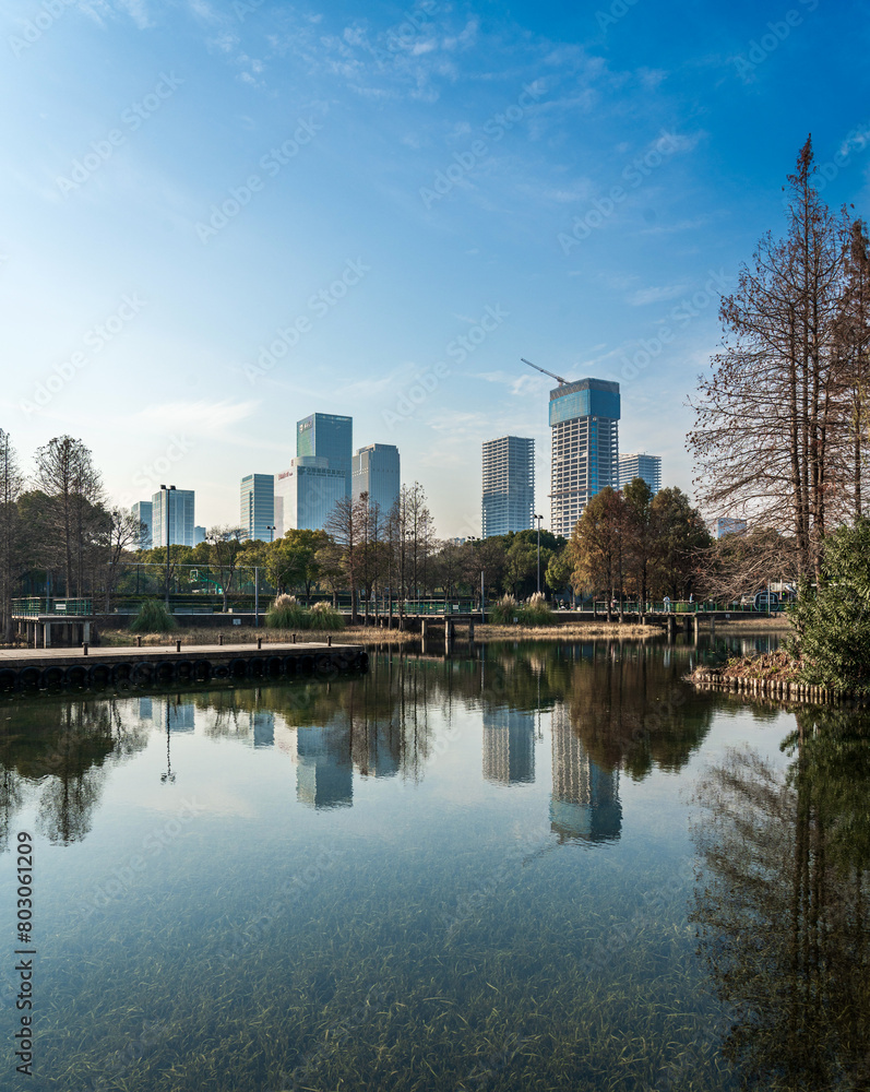 A modern city by the lake