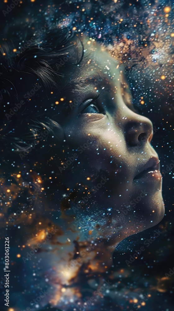 The image shows a close-up of a young girl's face. Her eyes are closed and she has a serene expression on her face. The background is a dark blue night sky filled with stars. The image shows a close-up of a young girl's face. Her eyes are closed and she has a serene expression on her face. The background is a dark blue night sky filled with stars.