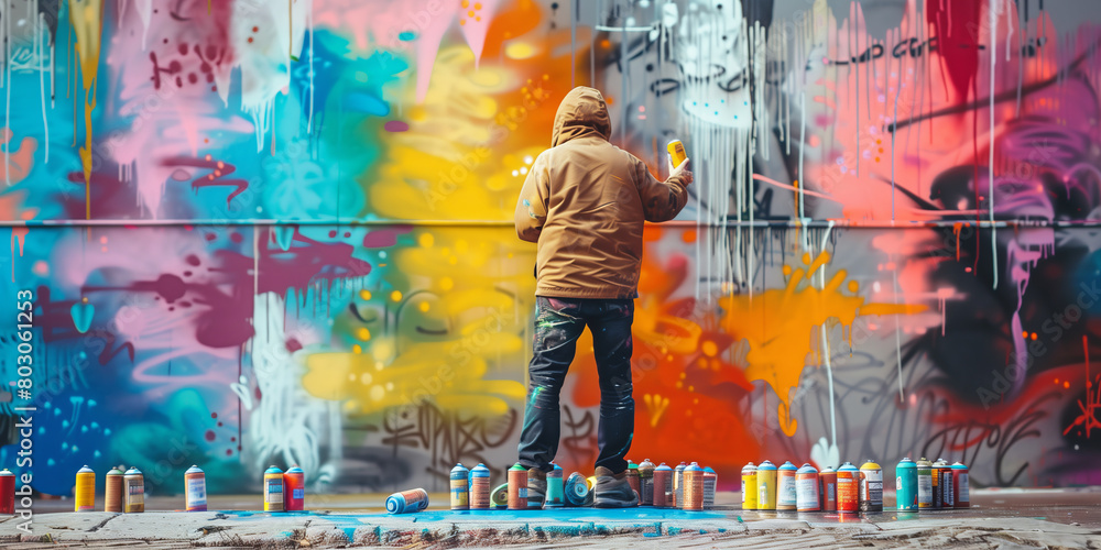 Naklejka premium Street artist spray-painting a mural on a city wall, with cans of paint scattered around and pedestrians stopping to watch.