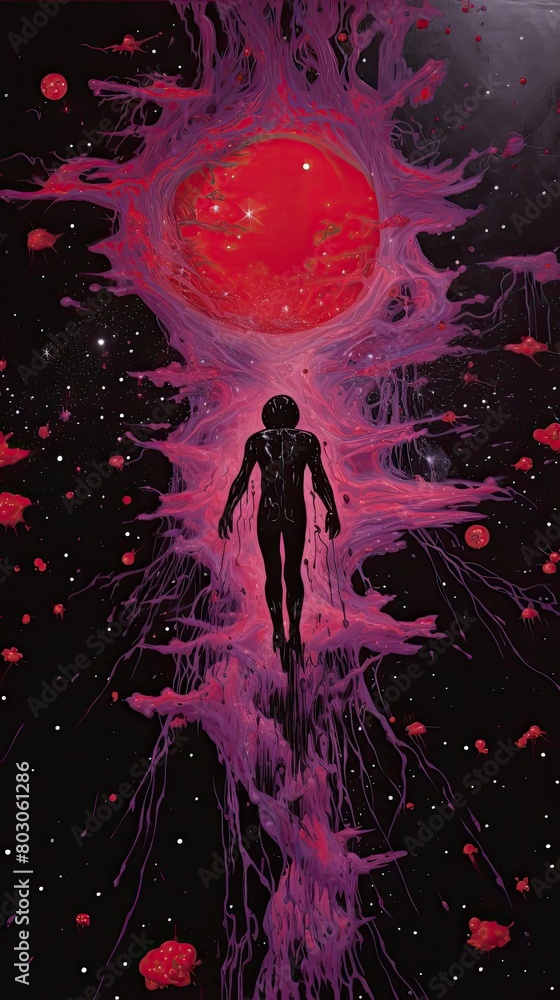 The image shows a man walking through a portal to another dimension. The image shows a man walking through a portal to another dimension.