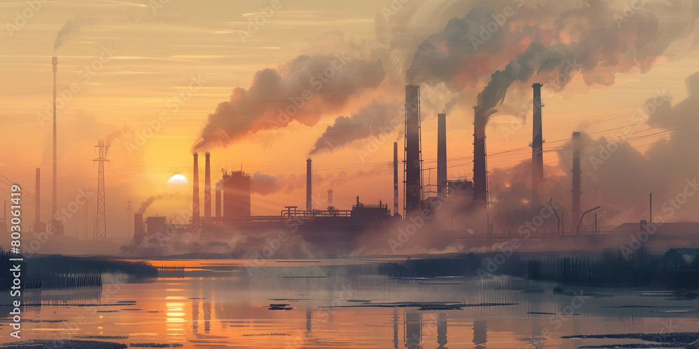 Scenic landscape with steaming factory chimneys in sunrise light in foggy morning. Industrial landscape with smokestack at sunset.