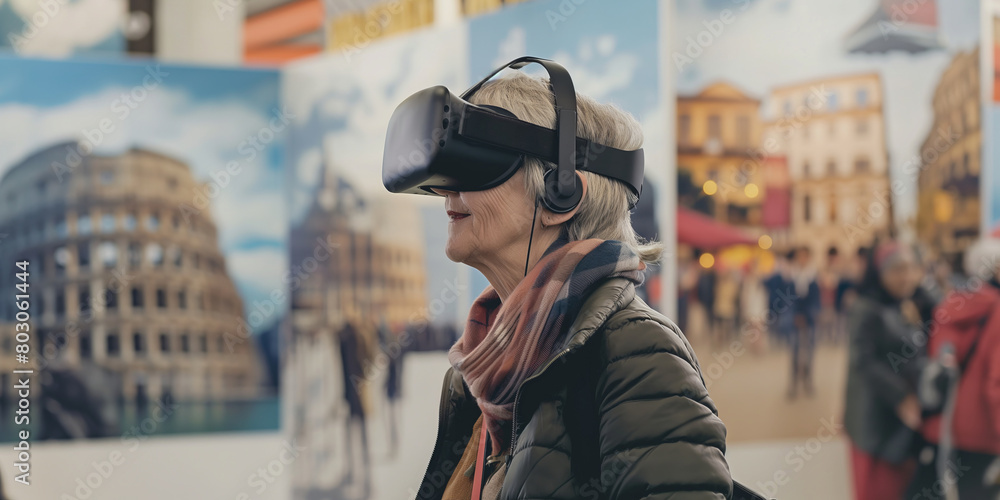 Senior person wearing a virtual reality headset at a tech expo. Elderly woman virtually travel to exotic locations in the booth decorated with images of famous landmarks. Senior person wearing a virtual reality headset at a tech expo. Elderly woman virtually travel to exotic locations in the booth decorated with images of famous landmarks.