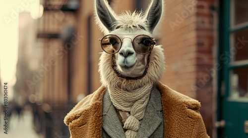Dapper llama parades through city streets in tailored elegance, embodying street style. The realistic urban backdrop frames this fashionable camelid, seamlessly merging Andean charm with contemporary  photo