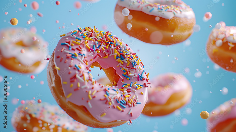 close-up of donuts with various toppings like sprinkles and glaze floating, set against a solid soft blue background, capturing the fun and colorful appeal of sweet treats close-up of donuts with various toppings like sprinkles and glaze floating, set against a solid soft blue background, capturing the fun and colorful appeal of sweet treats