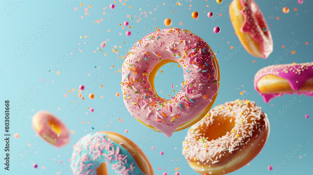 close-up of donuts with various toppings like sprinkles and glaze floating, set against a solid soft blue background, capturing the fun and colorful appeal of sweet treats close-up of donuts with various toppings like sprinkles and glaze floating, set against a solid soft blue background, capturing the fun and colorful appeal of sweet treats