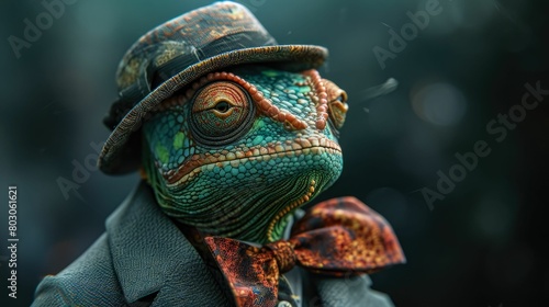 Chic chameleon blends into cityscape in tailored elegance  embodying street style. The realistic urban backdrop captures the reptilian charm seamlessly merged with contemporary fashion allure  creatin