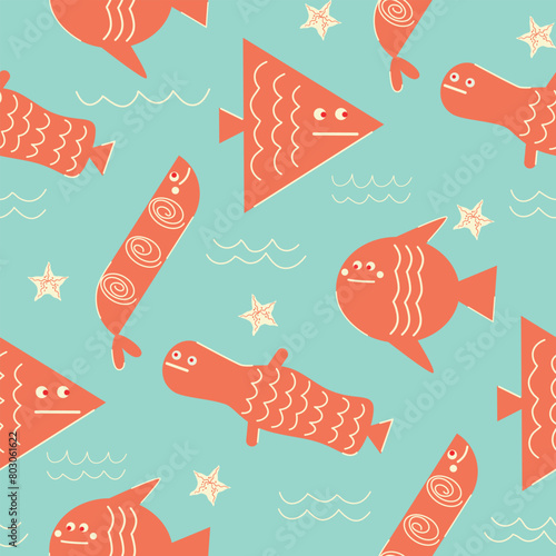 Seamless pattern with cartoon red geometric fish and jellyfish on a blue background vector illustration