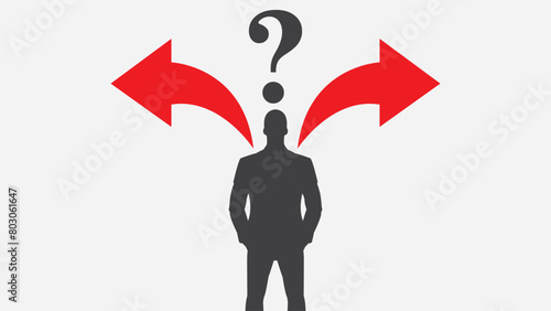 Businessman silhouette taking a decision looking at arrows on the wall concept. Businessman standing in front question mark signs concept.