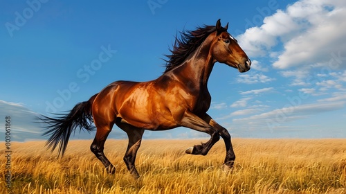 an awe-inspiring portrait of a horse in motion, its mane flowing in the wind as it gallops across a vast, open field under the clear blue sky.