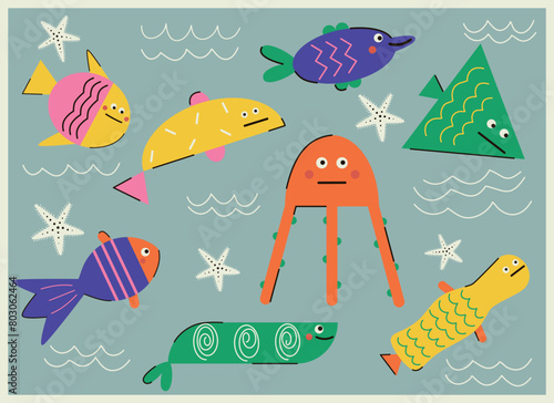 Set of funny cartoon flat geometric fish and jellyfish vector illustration