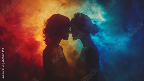  Silhouettes of a lesbian couple with colorful smoke background.
