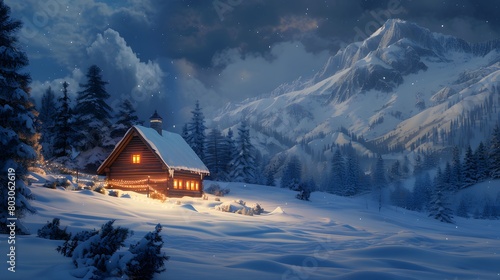 a cozy wooden cabin sits nestled in a blanket of fresh powder, its warm lights beckoning travelers from afar. Marvel at the winter wonderland in stunning ultra HD